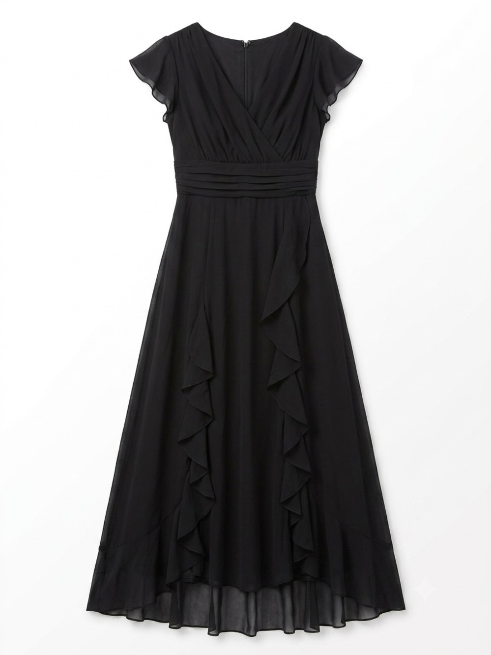 Elegant Black Chiffon Ruffle Maxi Dress Size Medium - Formal / Bridesmaid / Gala